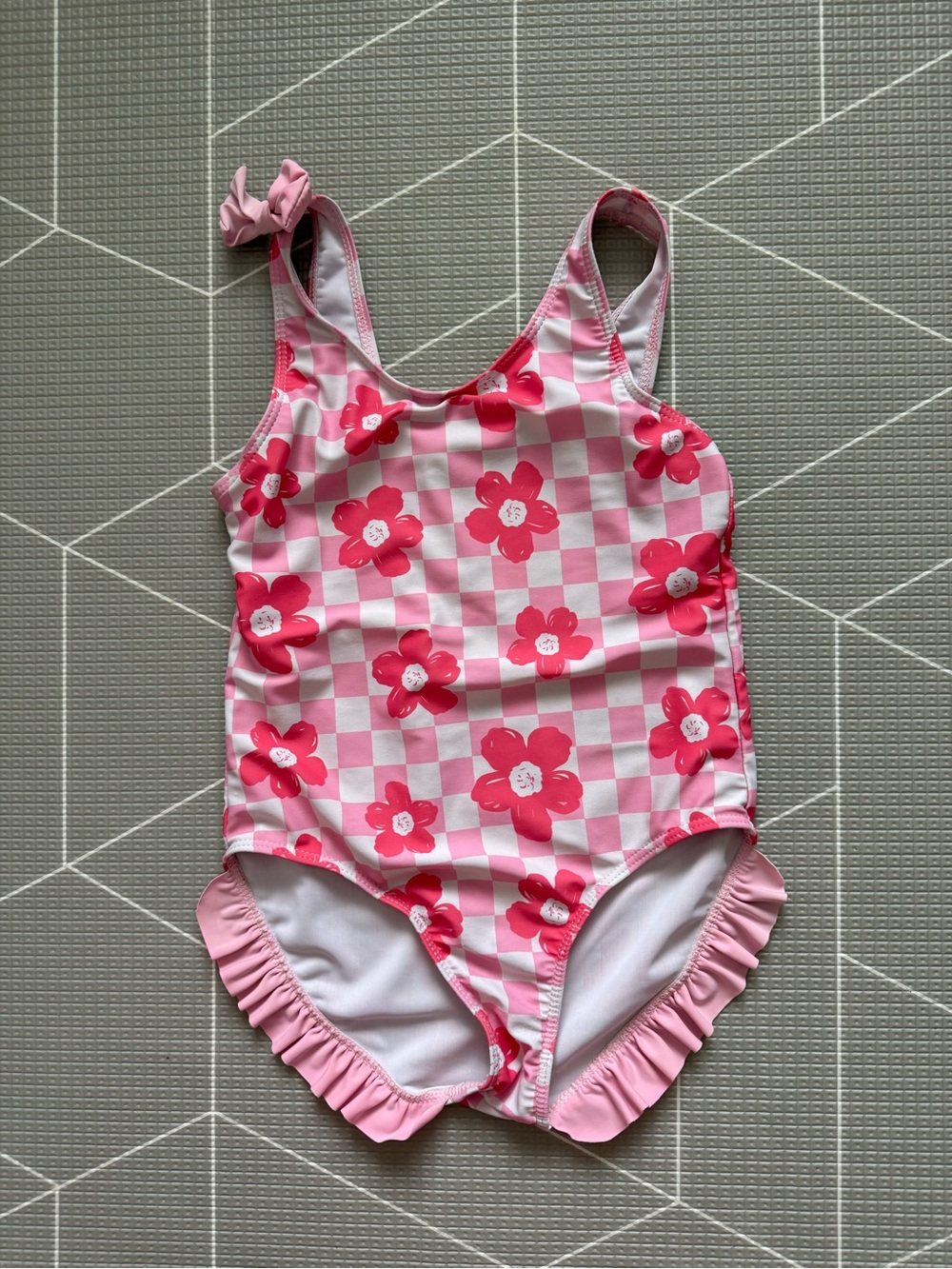 Small shop|Big girl swimsuit,Pink Floral Checkerboard One-Piece Swimsuit,boho•7 - Picture 3 of 7